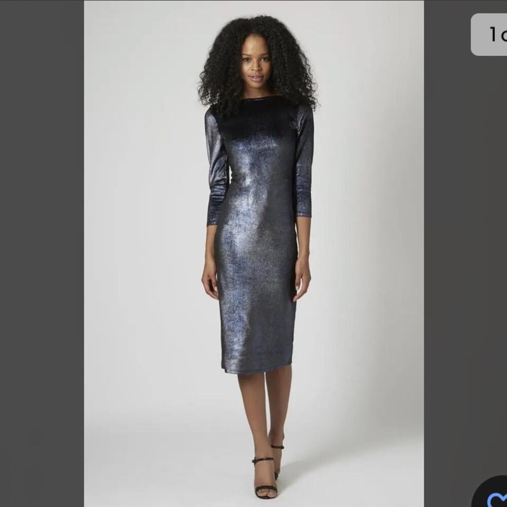 Topshop Blue Glitter Velvet 3/4 Sleeve Midi Bodycon ‎ Party Dress Size 6